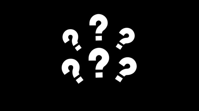 3D Question marks on black screen background. question mark animation glowing white effect, problem sign icon and question mark icon flying. 4K loop animation video