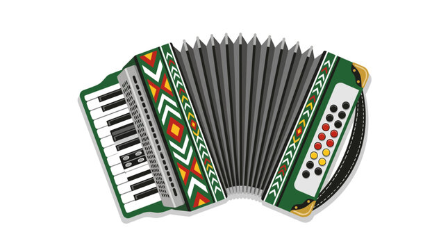 Detailed green accordion musical instrument on white background.