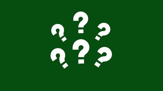 Question mark animation on chroma key glowing white effect, Questioning problem isolated monochromatic flat object animation, animation of 3D question marks drawn in white on green background. 4k