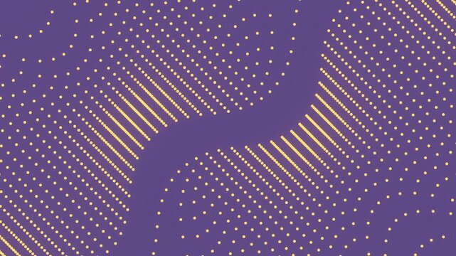 Seamless 4K motion graphics of gold dots forming diagonal waves on a purple background. Procedural 3D point cloud animation resembling a topographical map, fluid dynamics, and digital data stream
