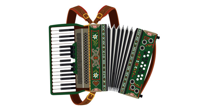 Traditional folk accordion with detailed floral and geometric patterns.