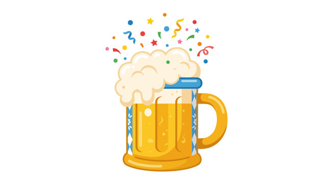 Beer mug with foam and festive colorful party confetti.