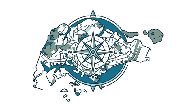 Singapore map with compass rose illustration.