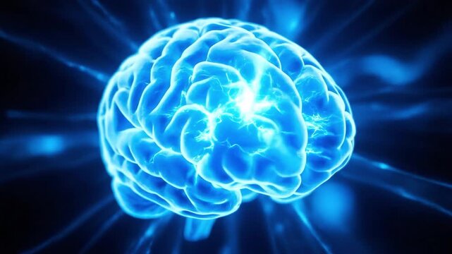 Human brain model with glowing neural activity. Suitable for science, technology, medicine, education, and animation projects.