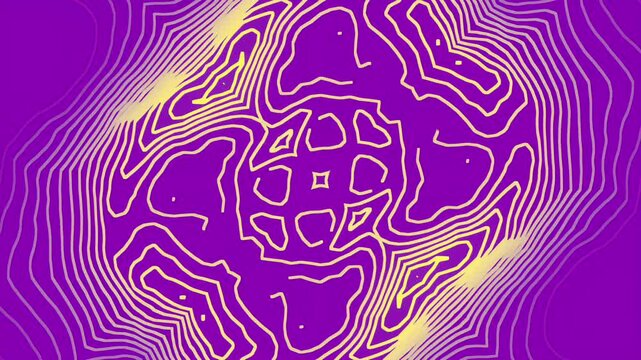 Mesmerizing 4K purple and gold symmetry motion graphics. Radiant procedural lines form a digital mandala portal. Professional CGI visualization for music shows and tech backgrounds