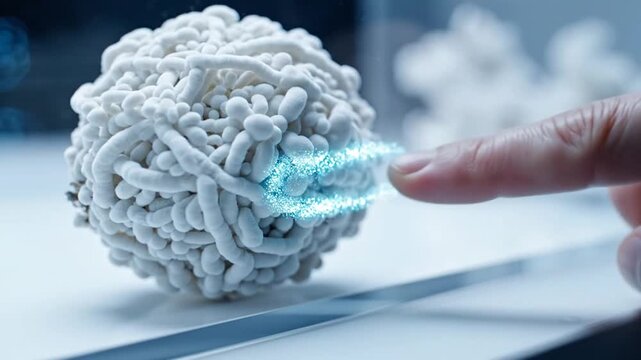 Finger touching a 3D printed lattice sphere with blue light effect.