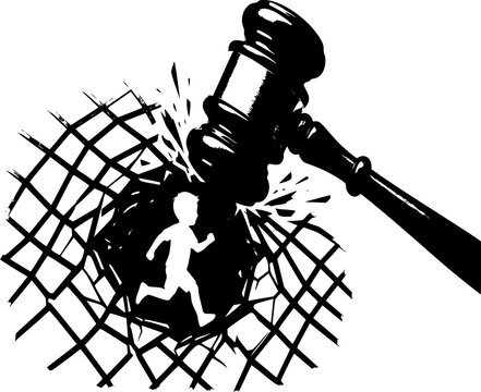 Legal Ban on Child Trafficking Silhouette: Justice Crackdown Vector, Anti-Kidnapping Legislation Icon