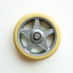 Obraz premium Single wheel with yellow rubber tire and silver five-pointed star-shaped metal hub. Clean background. Smooth motion part for mobility devices.