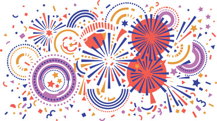 Fototapeta premium A vibrant and colorful illustration featuring a collection of festive fireworks and confetti patterns set against a clean white background for various celebratory design projects