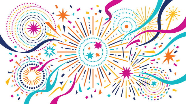 A vibrant digital illustration featuring colorful abstract fireworks and festive ribbons exploding across a clean white background perfect for celebrations and happy holiday party designs