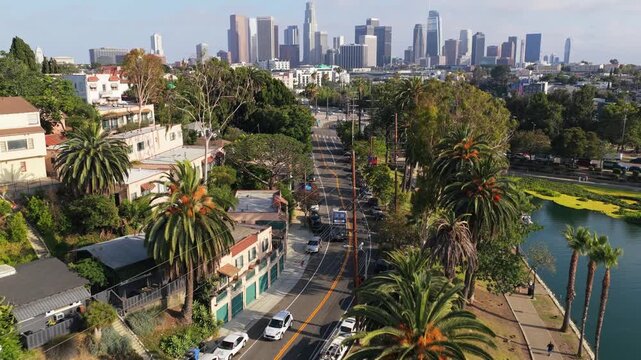 Scenic flight over Echo Park Lake revealing downtown Los Angeles skyline with lush palm trees, bustling street traffic, residential buildings under a clear sky