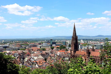 Fototapeta premium Das Münster in der Altstadt von Freiburg im Frühling