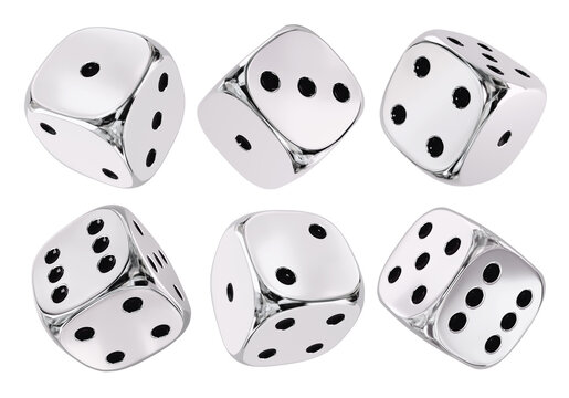 Isolated set of Shiny Silver Chrome Dice. 3D Rendering.