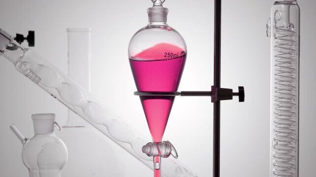 Close-up shot of a separatory funnel being swirled with crystal-clear pink liquid, causing it to wave along the inner walls on round grey platform
