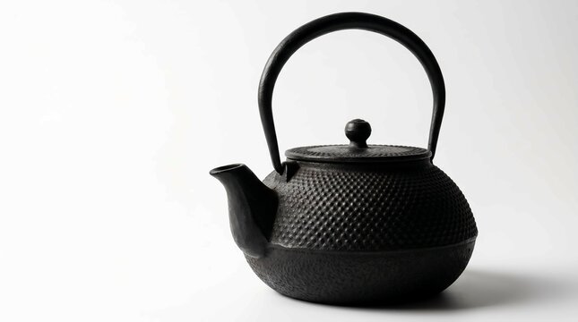 Traditional black cast iron teapot with a textured pattern isolated against a plain white background surface
