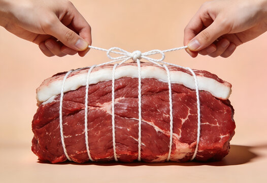 Raw beef roast being tied with string for cooking preparation