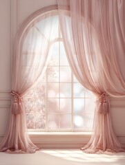 Obraz premium Beautiful interior arch window frame decorated with elegant sheer pink curtains and decorative tassels, soft morning sunlight shining through with a blurry spring cherry blossom tree background