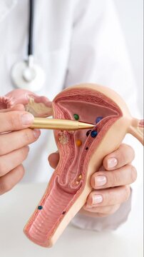 Doctor in a white coat pointing to a female reproductive system anatomical model showing fibroids and cysts. Medical education, gynecology health close up concept