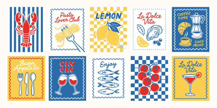 Hand Drawn Mediterranean Food Poster Set with Seafood, Pasta, Vegetables and Drinks, La Dolce Vita Style Vector Templates for Cafe Marketing