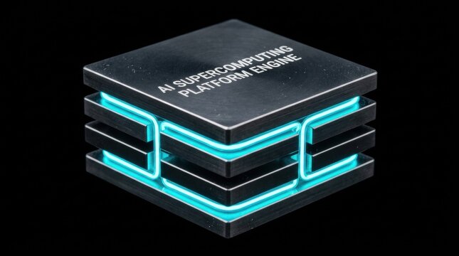 3D Illustration of an AI Supercomputing Platform Engine with Glowing Blue Lights, Representing Advanced Technology and Processing Power