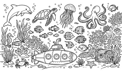 Underwater World Coloring Page Vector Bundle with Fish Coral Jellyfish Seahorse and Submarine © Md