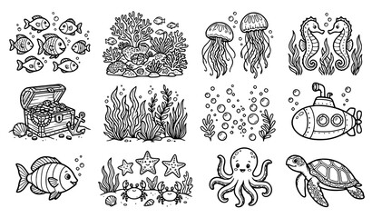 Underwater World Coloring Page Line Art Bundle with Sea Creatures and Ocean Scenes © Md