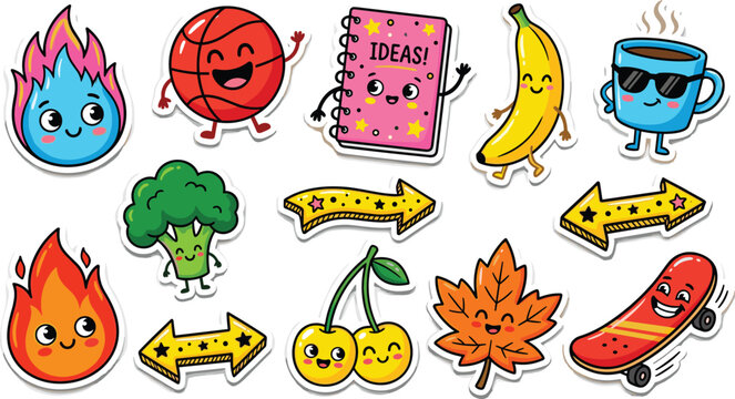 Cute Kawaii Sticker Vector Set with Funny Cartoon Characters of Food Fire Sport and Everyday Objects for Laptop and Notebook Decoration