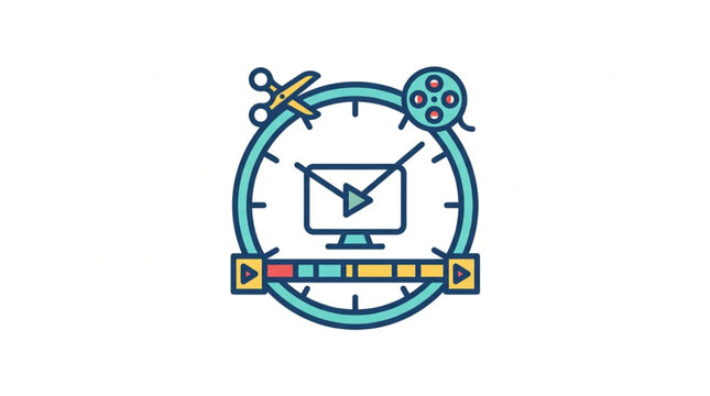 Video editing timeline with clock and computer screen icon.