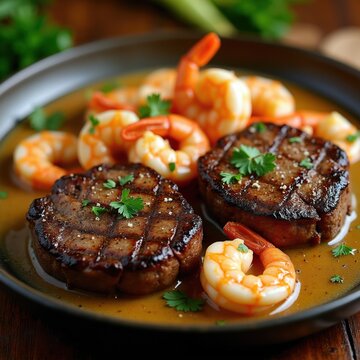 Beef medallions and shrimp are served together in a rich brown sauce. Garnished with fresh parsley leaves, this dish looks very appetizing. Ready to eat, this meal is perfect for dinner.