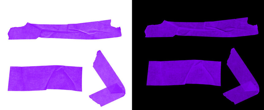 Purple adhesive tape strips set, vibrant violet masking tape pieces on white and black backgrounds, textured sticky paper tape for collage and design