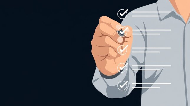 Businessman Checking Off Tasks on a Digital Checklist, Hand Marking Completed Goals on a List, Flat Vector Illustration of Task Management and Productivity on Dark Background
