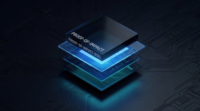 Digital blockchain technology innovation, proof of impact, secure data, decentralized network, abstract technology concept