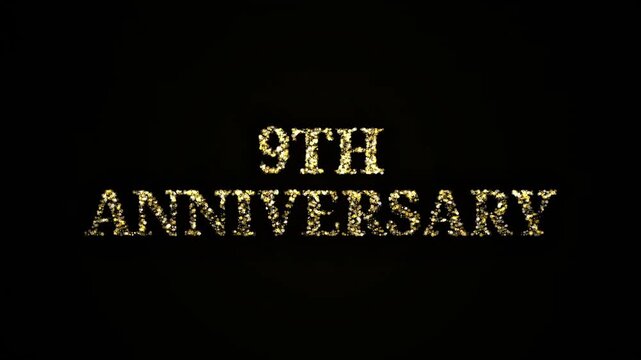 Golden Glittering Particles Form 9th Anniversary Text on Black Background, Celebration