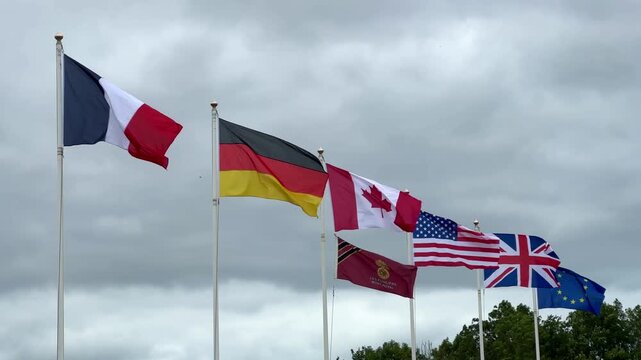 American, French, British, German, Canadien and Les Fusiliers Mont-Royal flags waving on the cloudy sky