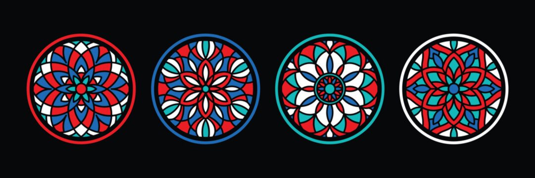 Four circular stained glass window red blue white and teal colors round pattern