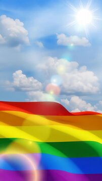 Waving LGBT pride flag on the blue sky, rainbow flag background. Multicolored peace flag movement. Original colors symbol. Vertical video for social media and stories.