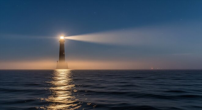 Solitary lighthouse standing in the middle of a dark ocean at night with a strong light beam through the fog