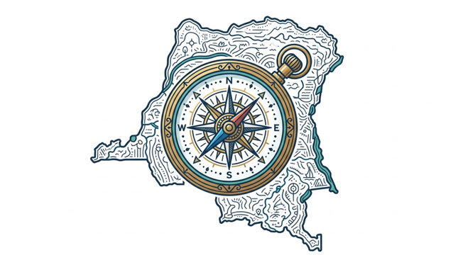 Vintage Compass Over Map of Democratic Republic of Congo.