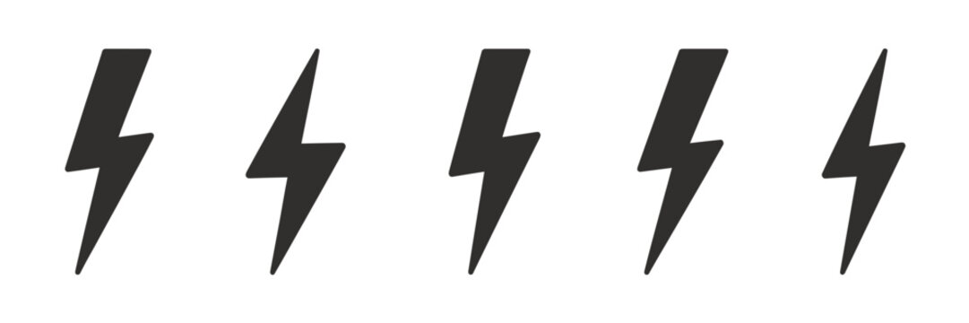 Five dark gray lightning bolt arranged horizontally on a white background thunderbolt electricity power