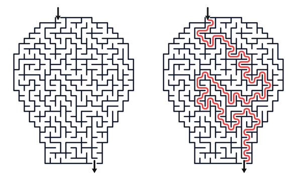 Children's maze shaped like a light bulb with solution path  