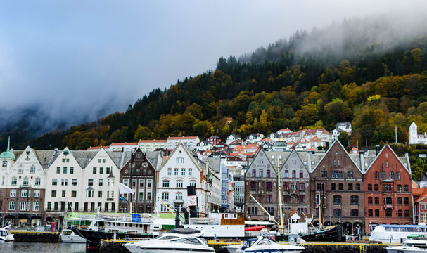 &laquo; Port anim&eacute; bord&eacute; de maisons color&eacute;es sous une colline embrum&eacute;e &raquo;
