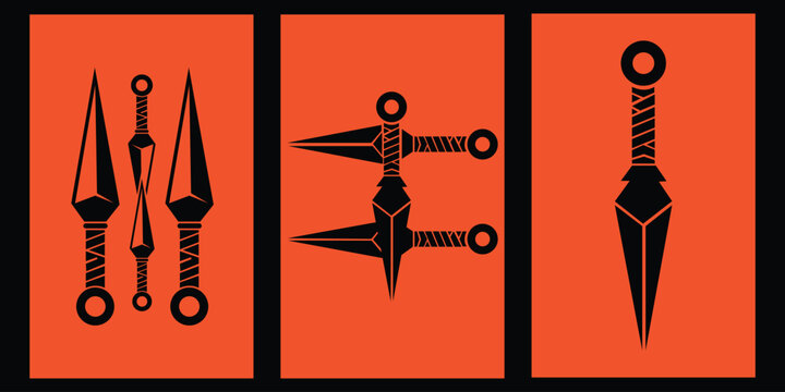 Minimalist ninja kunai weapon illustration set on vibrant orange background.