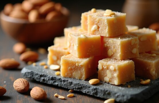 Sweet cubes of mava chikki dessert piled high. Nuts are mixed in soft khoya base. Presentation is elegant with almonds nearby. Warm colors and soft focus.