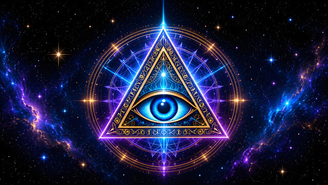 Mystical all seeing eye in glowing cosmic triangle