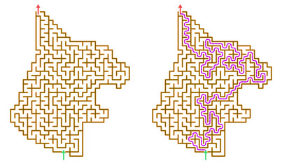 Obraz premium Vector maze shaped like a yelling cat with a path for kids on transparent background 