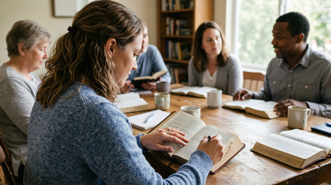 Bible reading group discussing together at wooden table with open books and coffee mugs. Bible reading includes engaging dialogue and shared insights among participants in warm atmosphere.