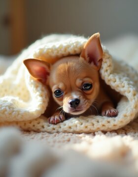Tiny chihuahua puppy peeks out from warm knit blanket. Small dog rests comfortably indoors. Cute pet enjoys cozy and safe space. Adorable little canine.