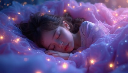 Naklejka premium Young girl slepic soundly in soft purple clouds, illuminated by magical fairy lights. Child dreams peacefully in fantasy dreamscape, ethereal slumber, serene night.