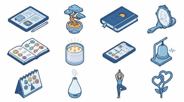 Collection of Isometric Icons Representing Lifestyle and Wellness Concepts.