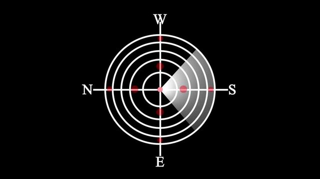 White military radar screen animation with sweeping sonar line and red target blips showing north south east west directions isolated on black background